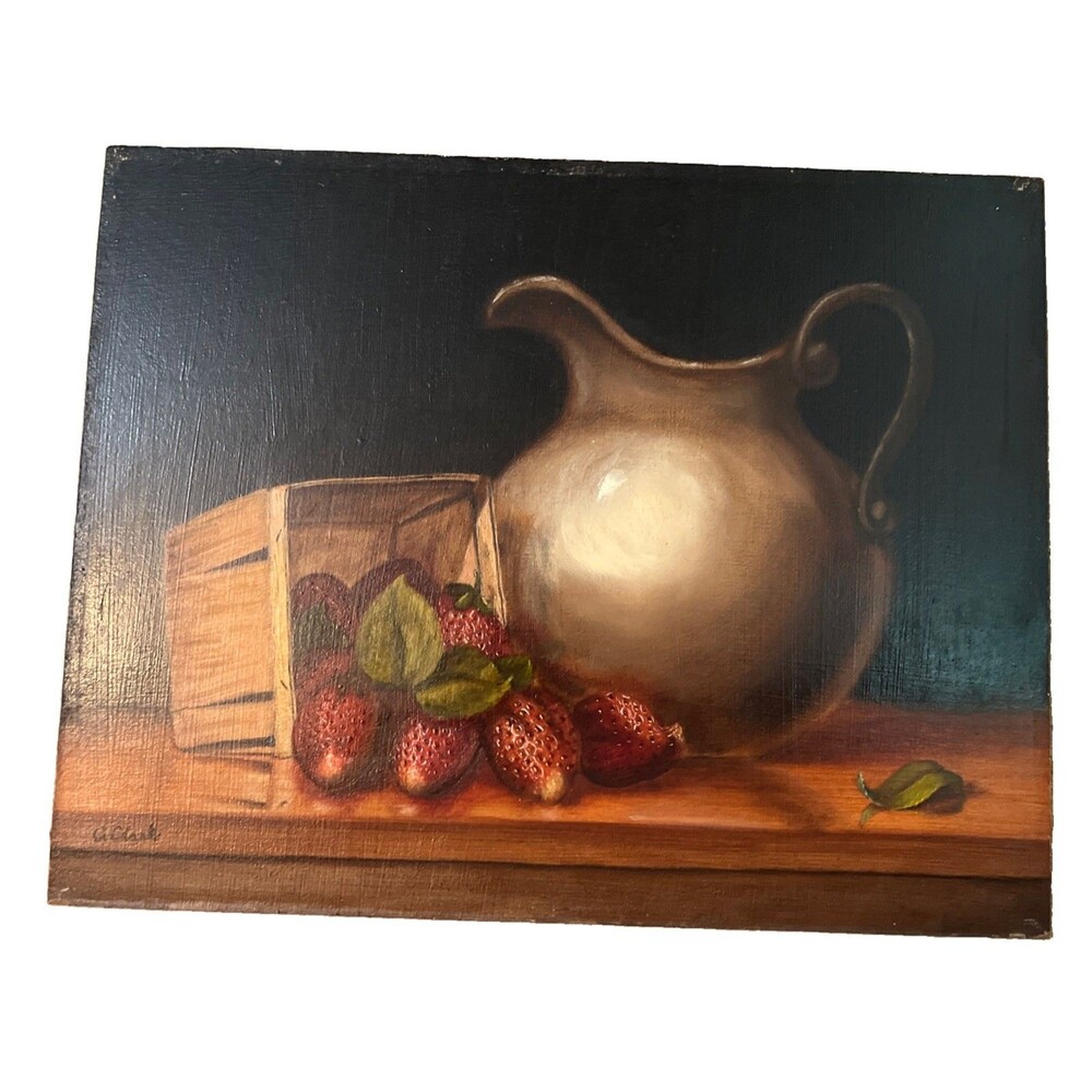Still life Original Tempera Painting Dutch Style Strawberries Artist Signed